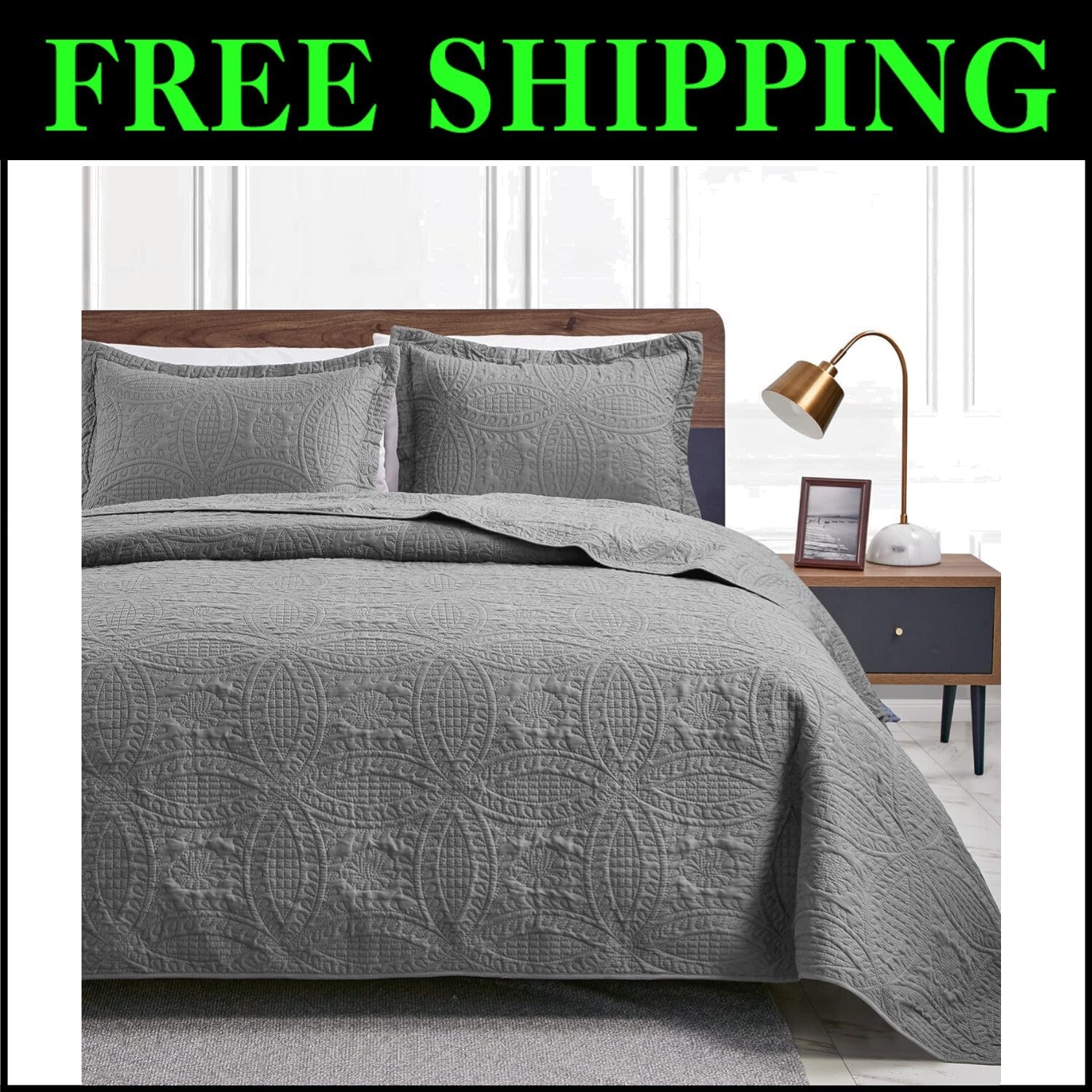 King Size Modern Quilt Set in Grey Coin Pattern - Lightweight 3-Piece Set