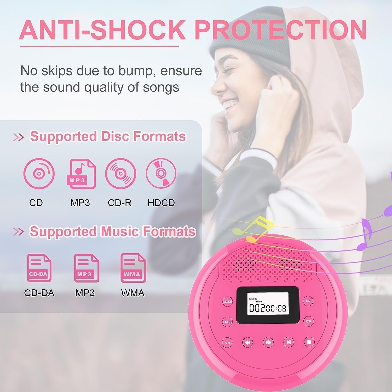 Travel-Friendly Rose Red CD Player with Headphones - Anti-Skip & TF Card Support