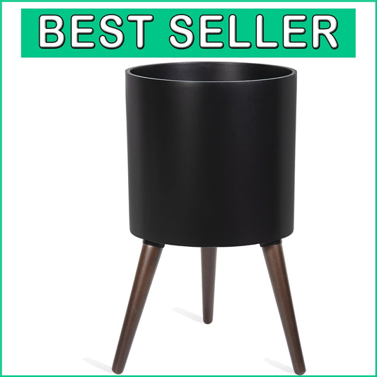 Elegant 12 Inch Indoor Planter Pot with Drainage and Stylish Wooden Stand