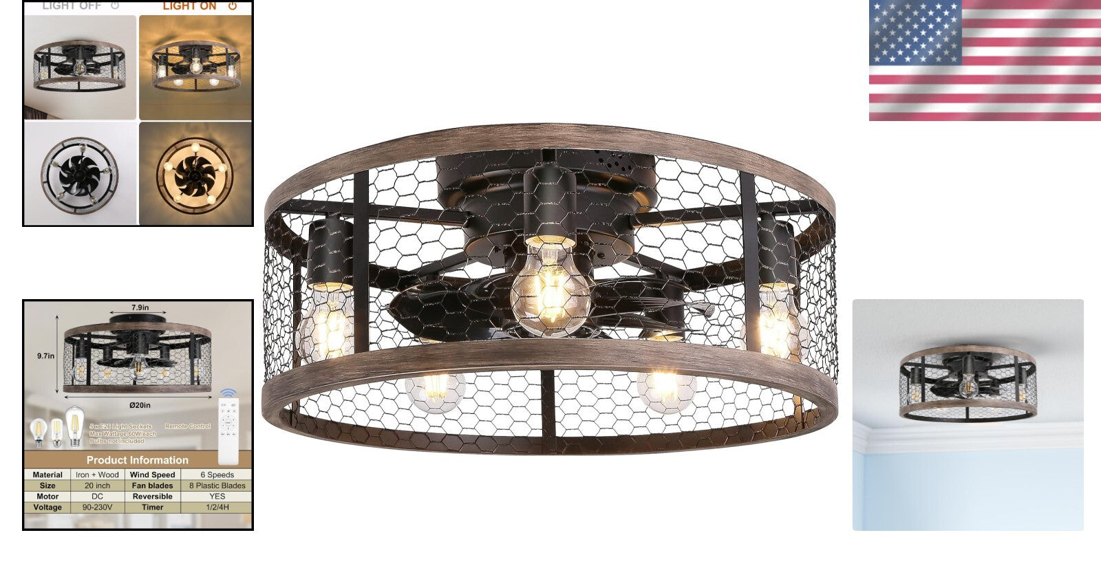 20'' Flush Mount Rustic Ceiling Fan with Lights & Remote for Stylish Spaces