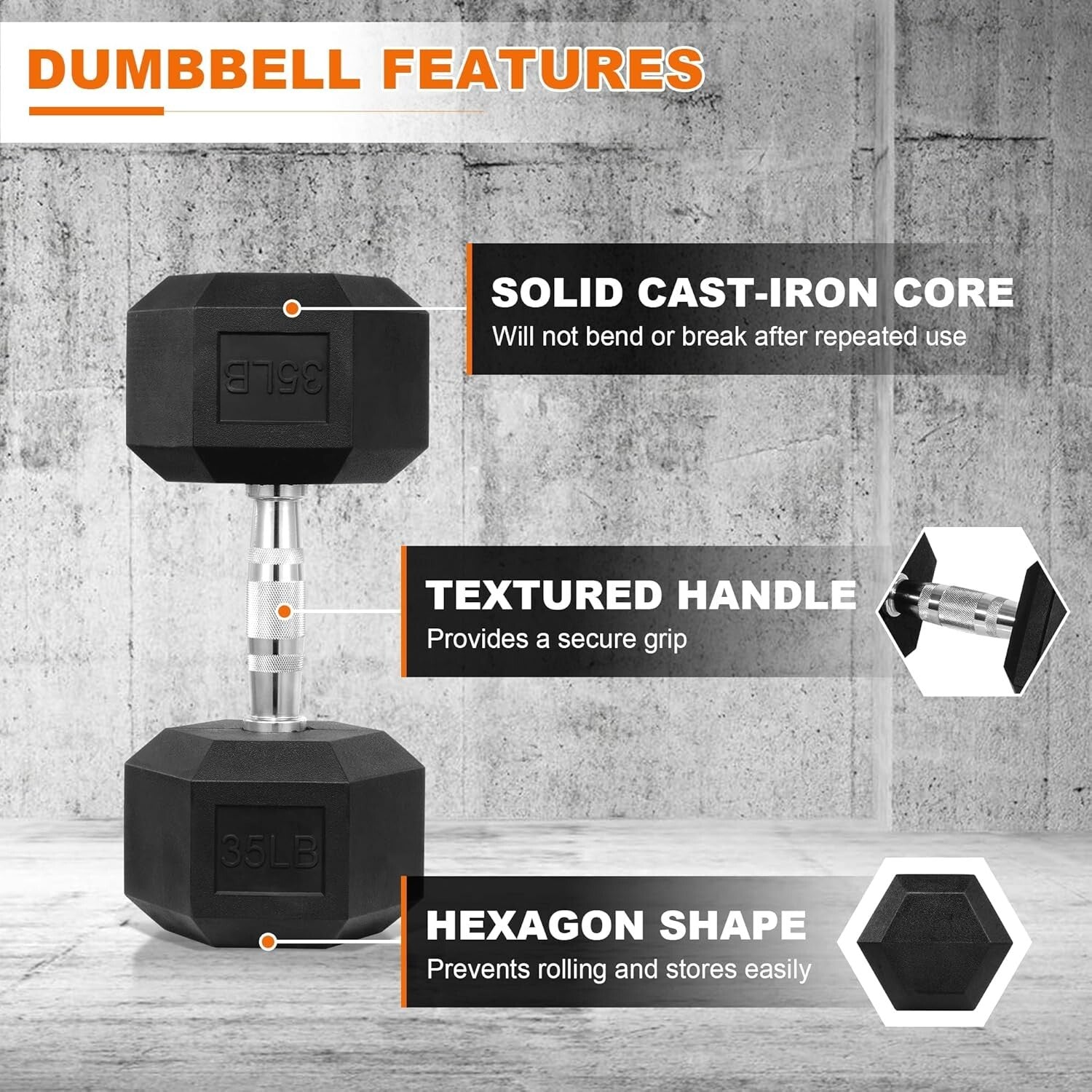 Durable 35 lb Hex Dumbbell - Rubber Coated, Non-Slip Hand Weight for Versatil...