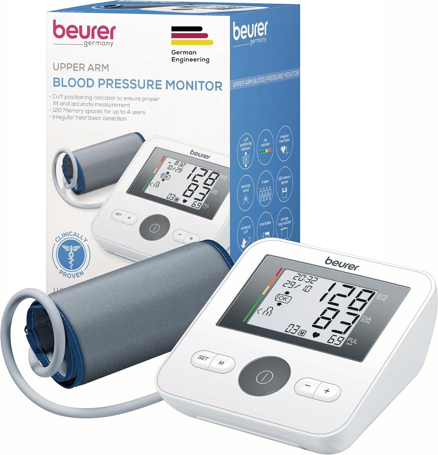 BM27 Automatic Blood Pressure Monitor with Adjustable Cuff & 120 Memory Sets