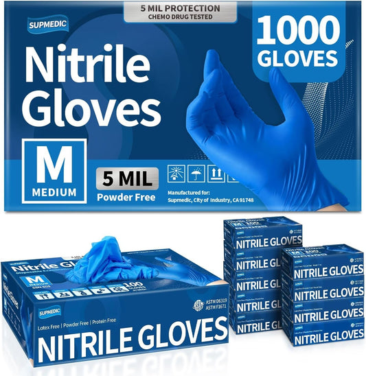 Blue Disposable Nitrile Gloves, 5 Mil Thick - 1000 Pcs, Food Safe & Latex-Free