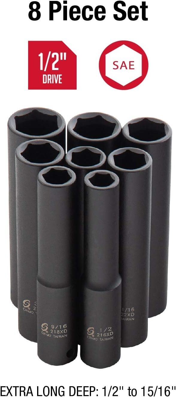 8-Piece SAE Impact Socket Set - Extra Long Deep CR-Mo Steel, Heavy-Duty Case