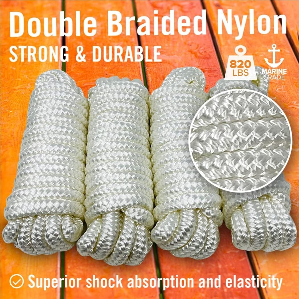 4 Pack 3/8" Double Braided Nylon Boat Dock Lines - 15ft Weather Resistant