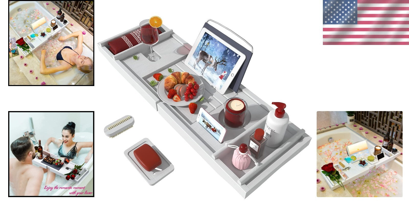 Expandable Bamboo Bathtub Caddy Tray - Elegant White Bath Table with Wine Holder