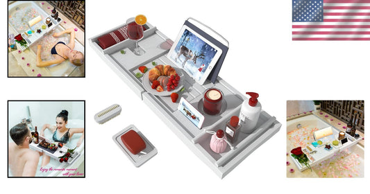 Expandable Bamboo Bathtub Caddy Tray - Elegant White Bath Table with Wine Holder