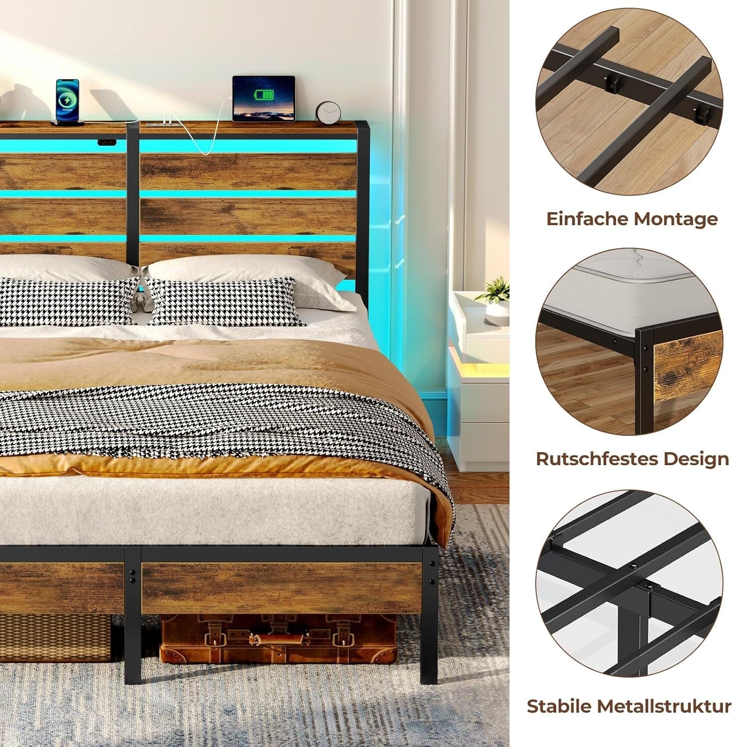 Multi-Functional King Bed Frame with USB Ports, LED Lights & Storage Solutions