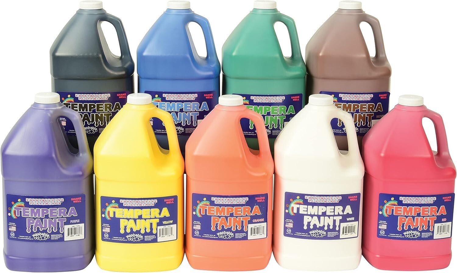 Washable Tempera Paint Set: Non-Toxic Kid's Paint, 9 Pack, 1 Gallon, Multicolor