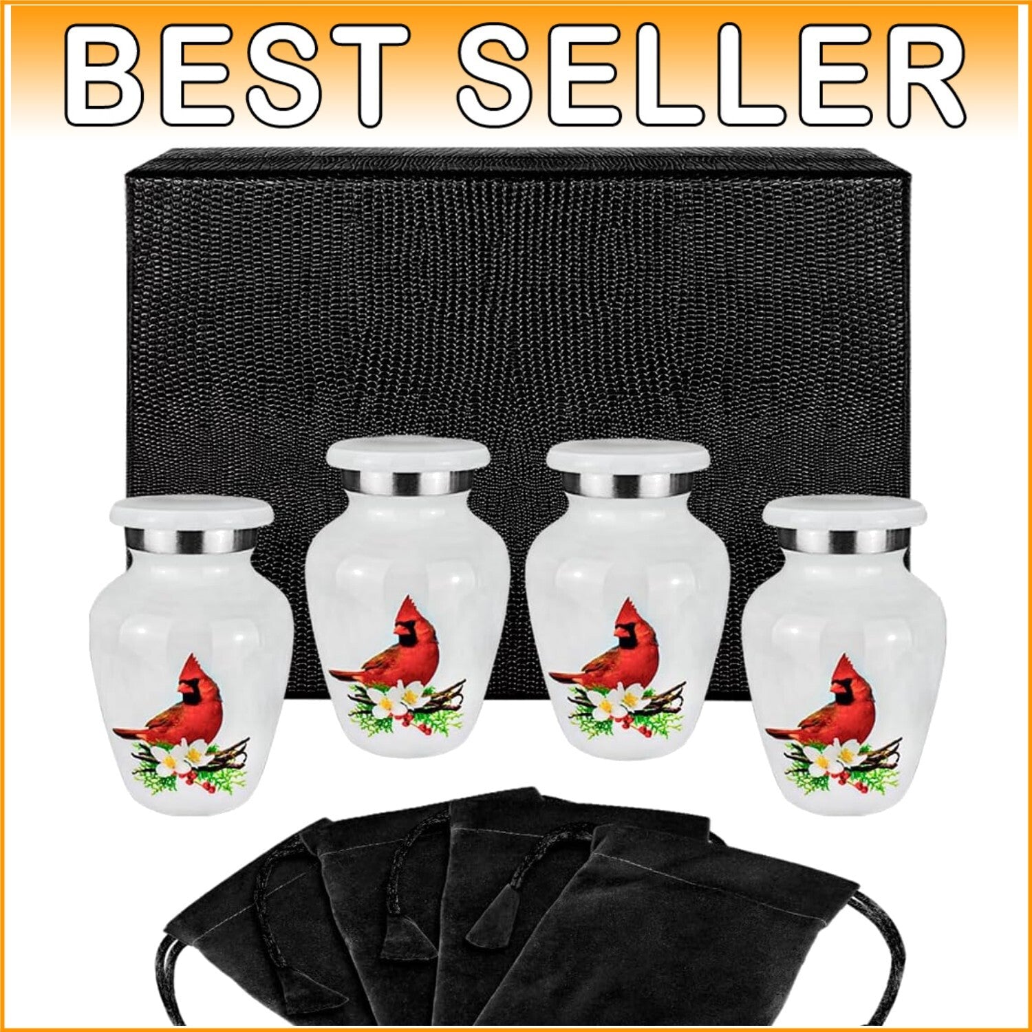 Set of 4 Mini Cremation Urns with Stunning Red Cardinal Design for Keepsakes
