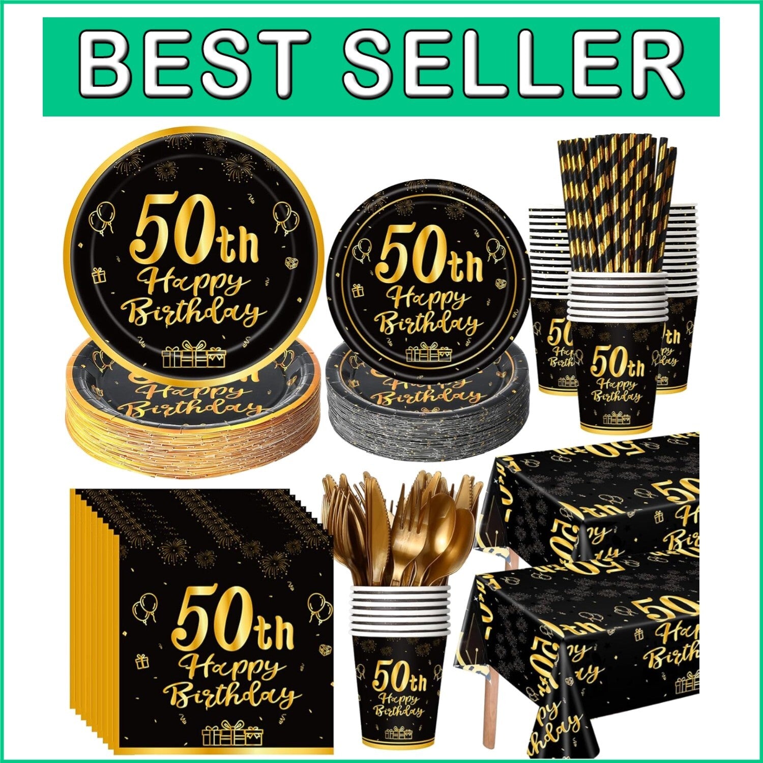All-in-One 50th Birthday Party Set - 452 Durable Pieces: Plates, Cups & Cutlery
