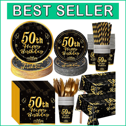 All-in-One 50th Birthday Party Set - 452 Durable Pieces: Plates, Cups & Cutlery