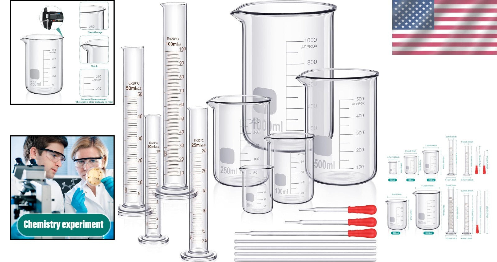 Multi-Size Borosilicate Glass Beaker & Measuring Cylinder Set for Experiments