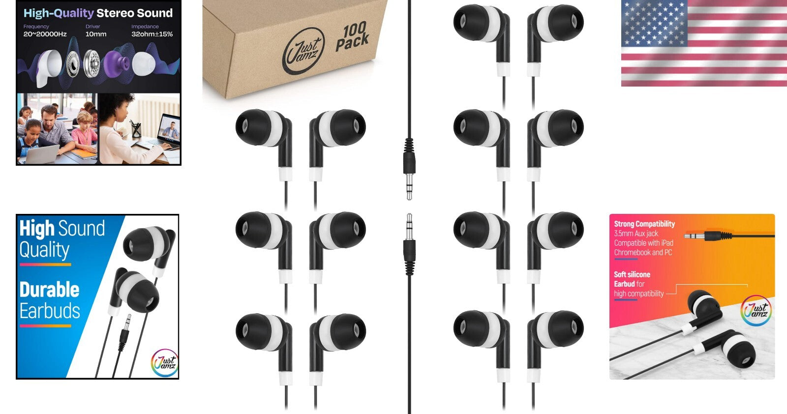 Bulk Earbuds 100 Pack | Disposable In-Ear Headphones for Classrooms & Students
