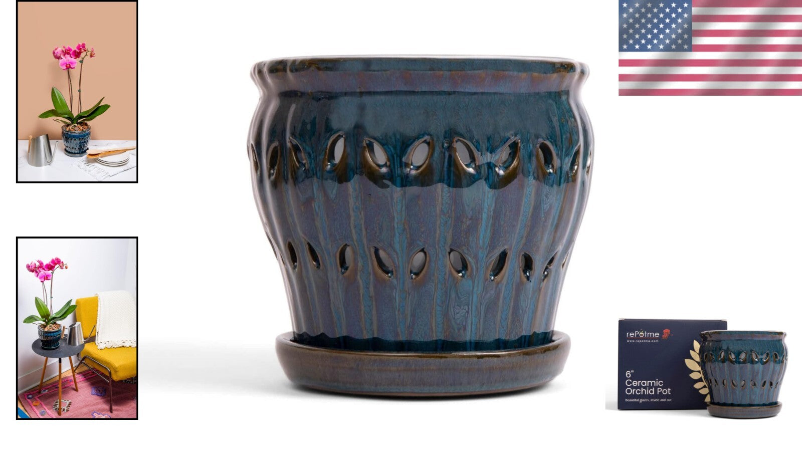 Elegant 6" Teal Jade Ceramic Orchid Pot with Drainage – Ideal for Indoor Plants