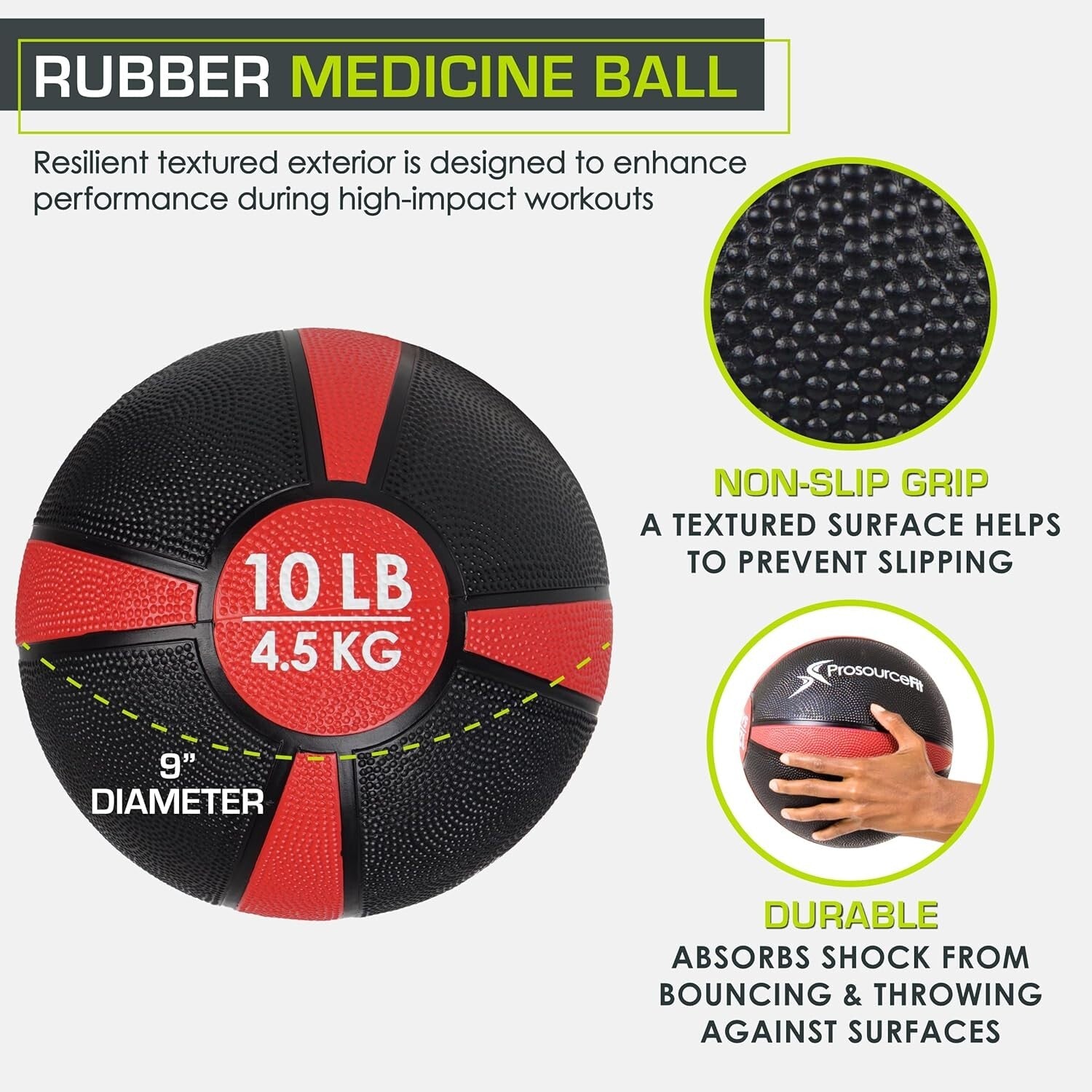 Full Body 10 lb Medicine Ball - Textured Rubber for Enhanced Grip & Power