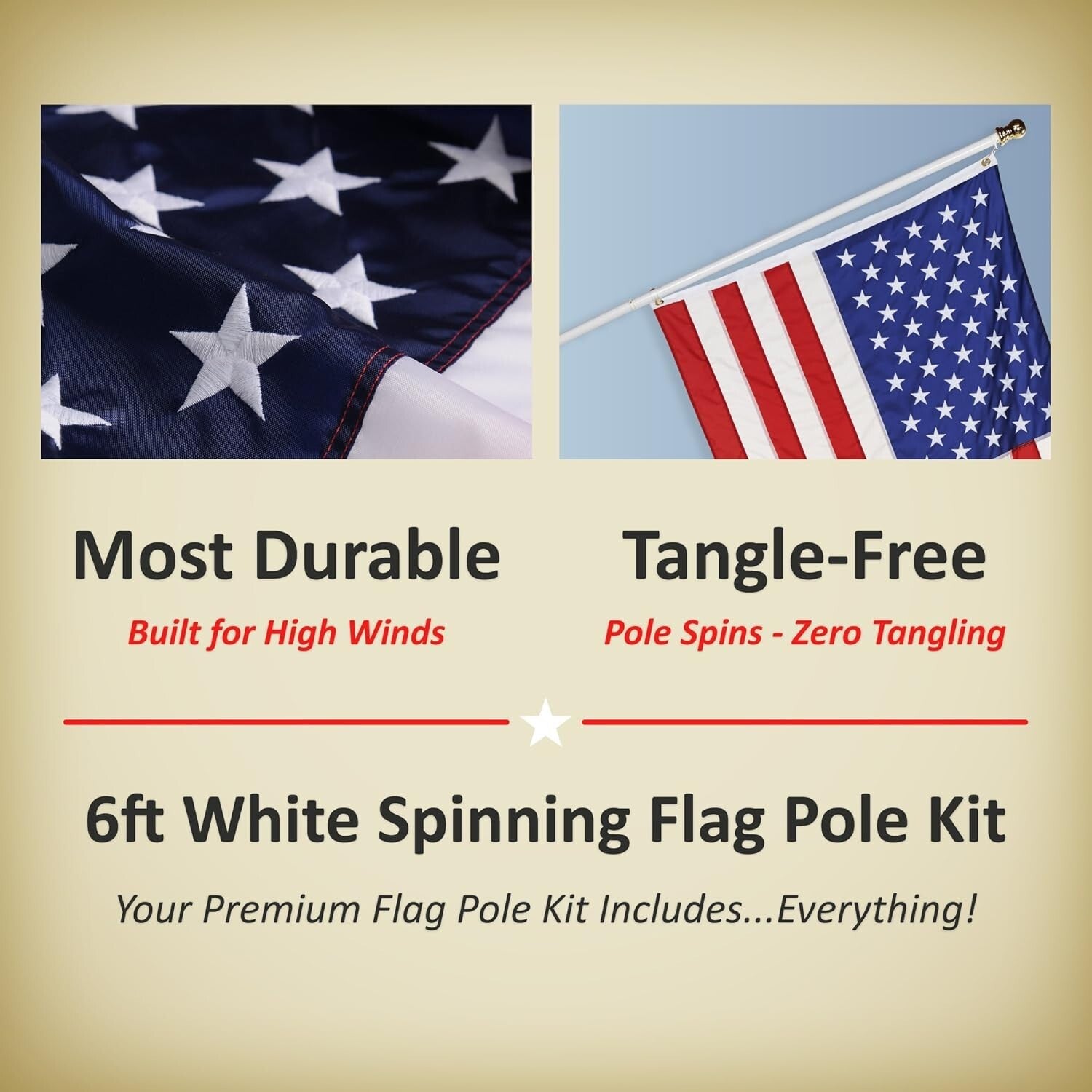 Durable 3x5 NYLON American Flag with Tangle-Free 5' Flag Pole - All Occasion Kit