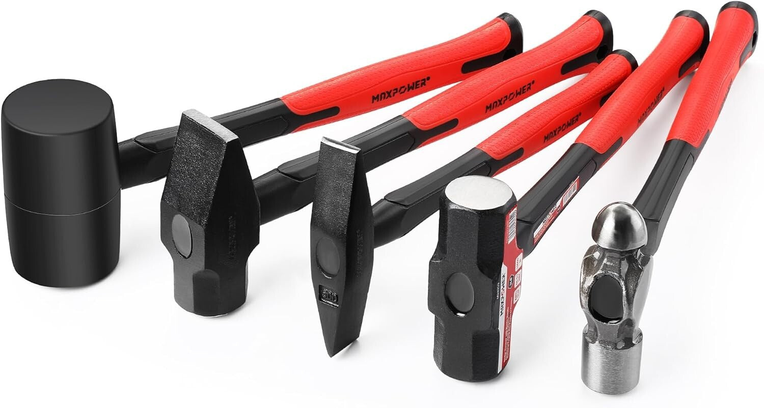 Heavy-Duty 5-Piece Hammer Set with Ergonomic Fiberglass Handles for Comfort