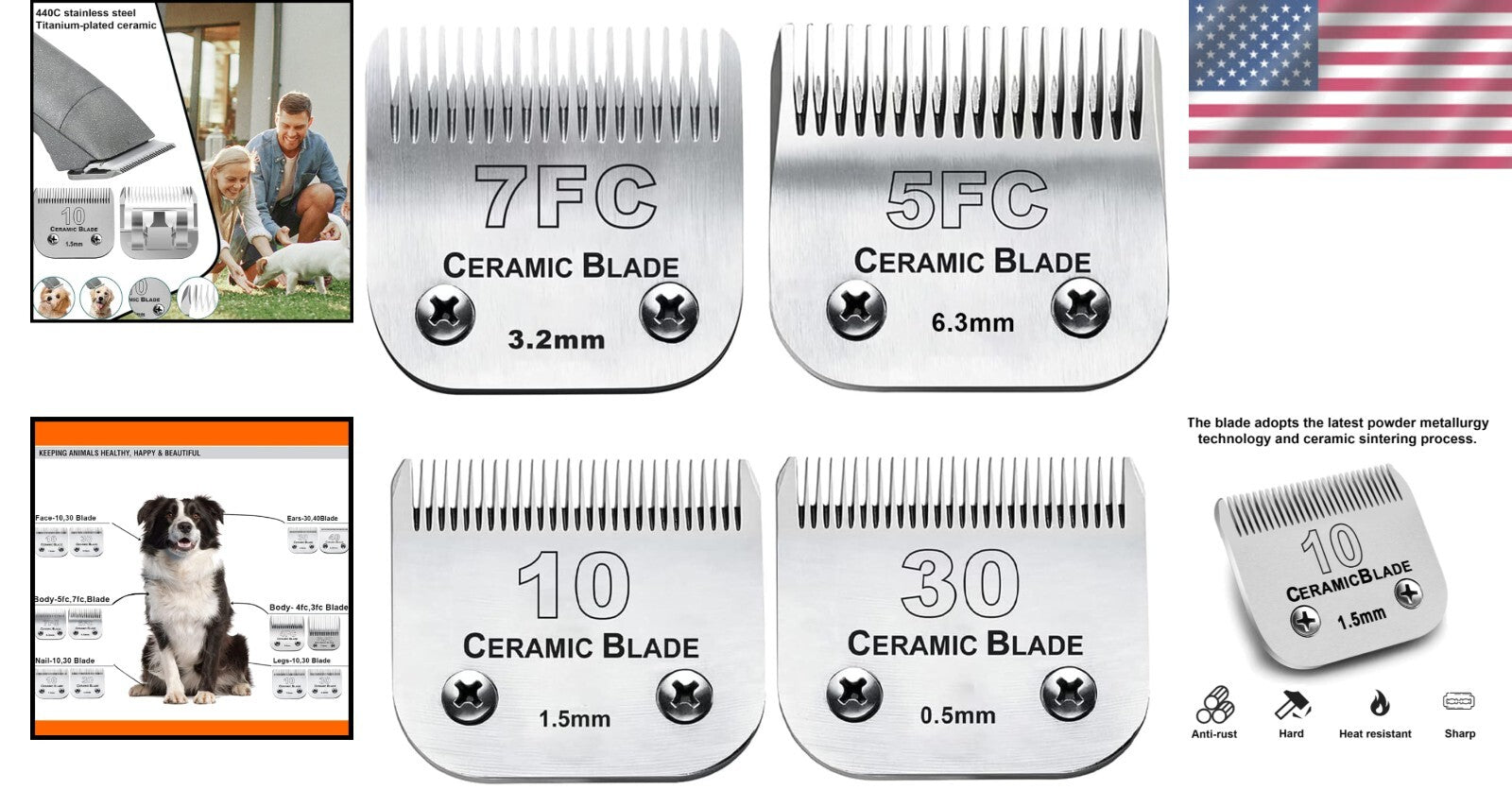 Ceramic and Stainless Steel Dog Grooming Clipper Replacement Blades - Set of 4
