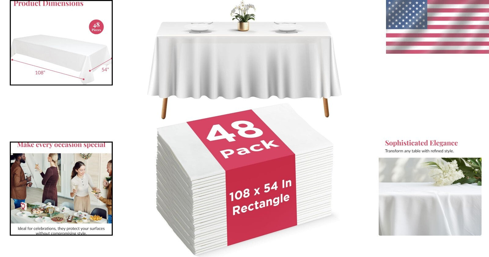Elegant 48-Piece White Disposable Tablecloths 108x54 for Indoor & Outdoor Events