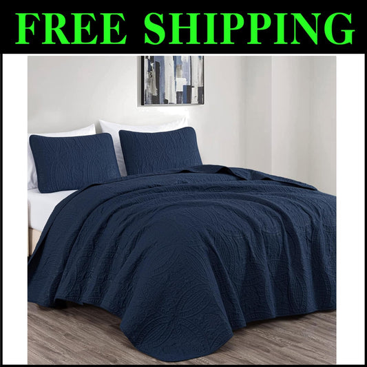 Luxurious 3-Piece Oversized Queen Bedspread Set in Navy with Medallion Design