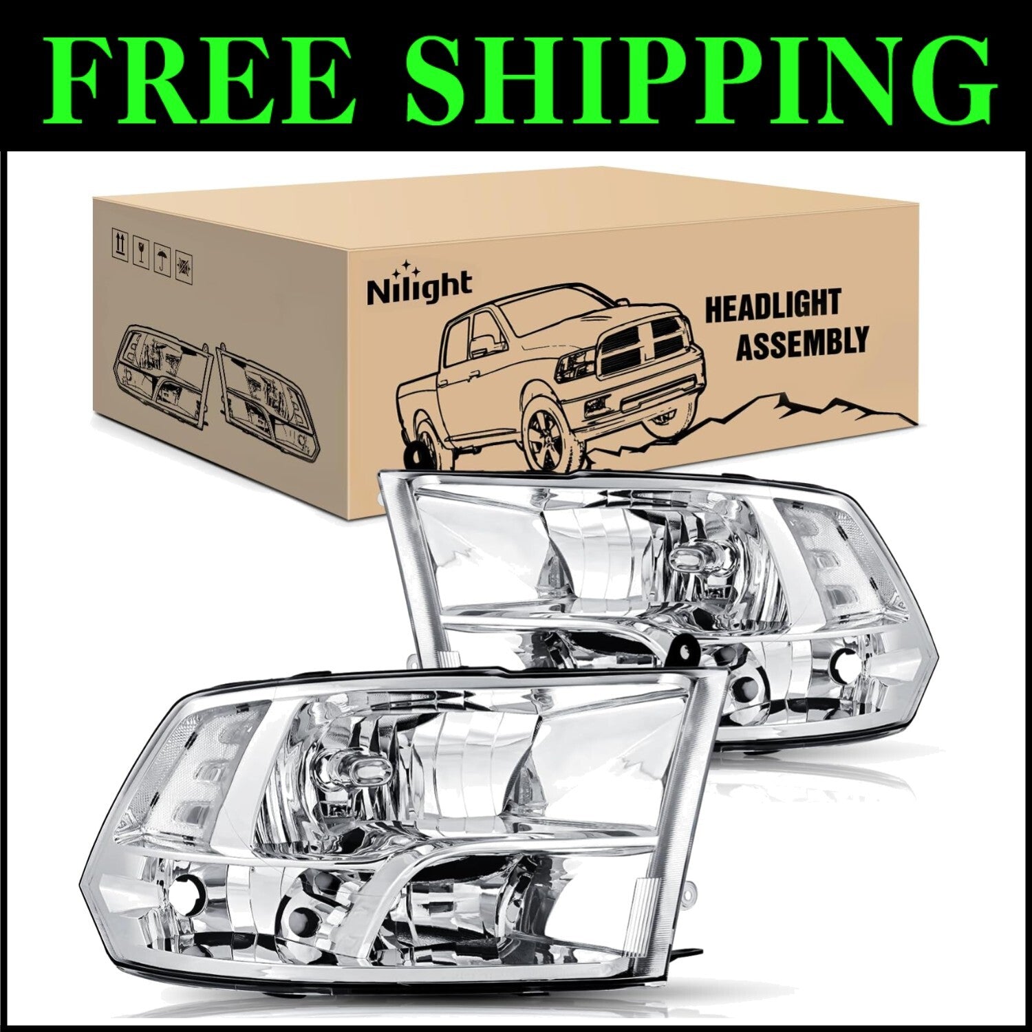 Chrome Headlight Assembly for 2009-2018 Dodge Ram 1500 2500 3500 - Quick Install