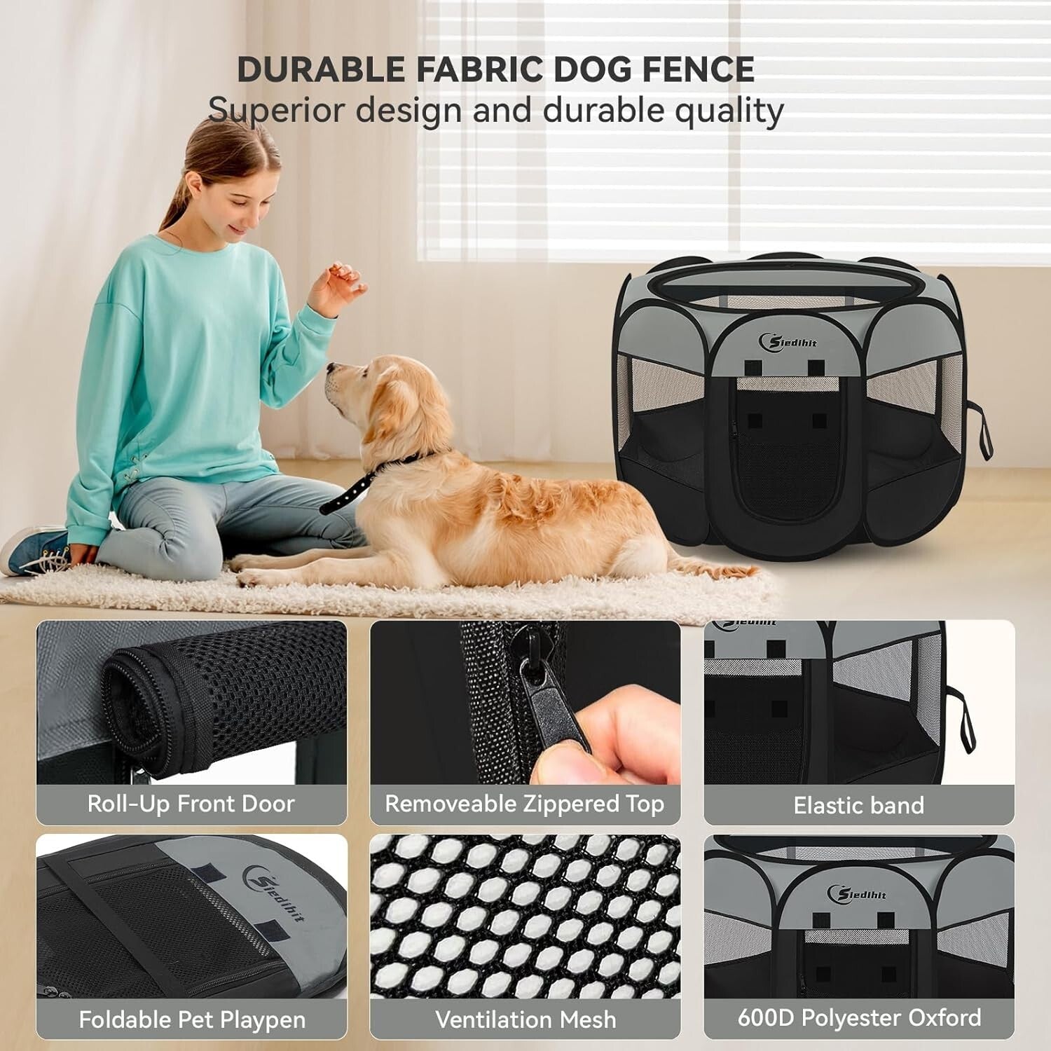 360-Degree Views Dark Grey Puppy Playpen - Portable and Waterproof for All Pets