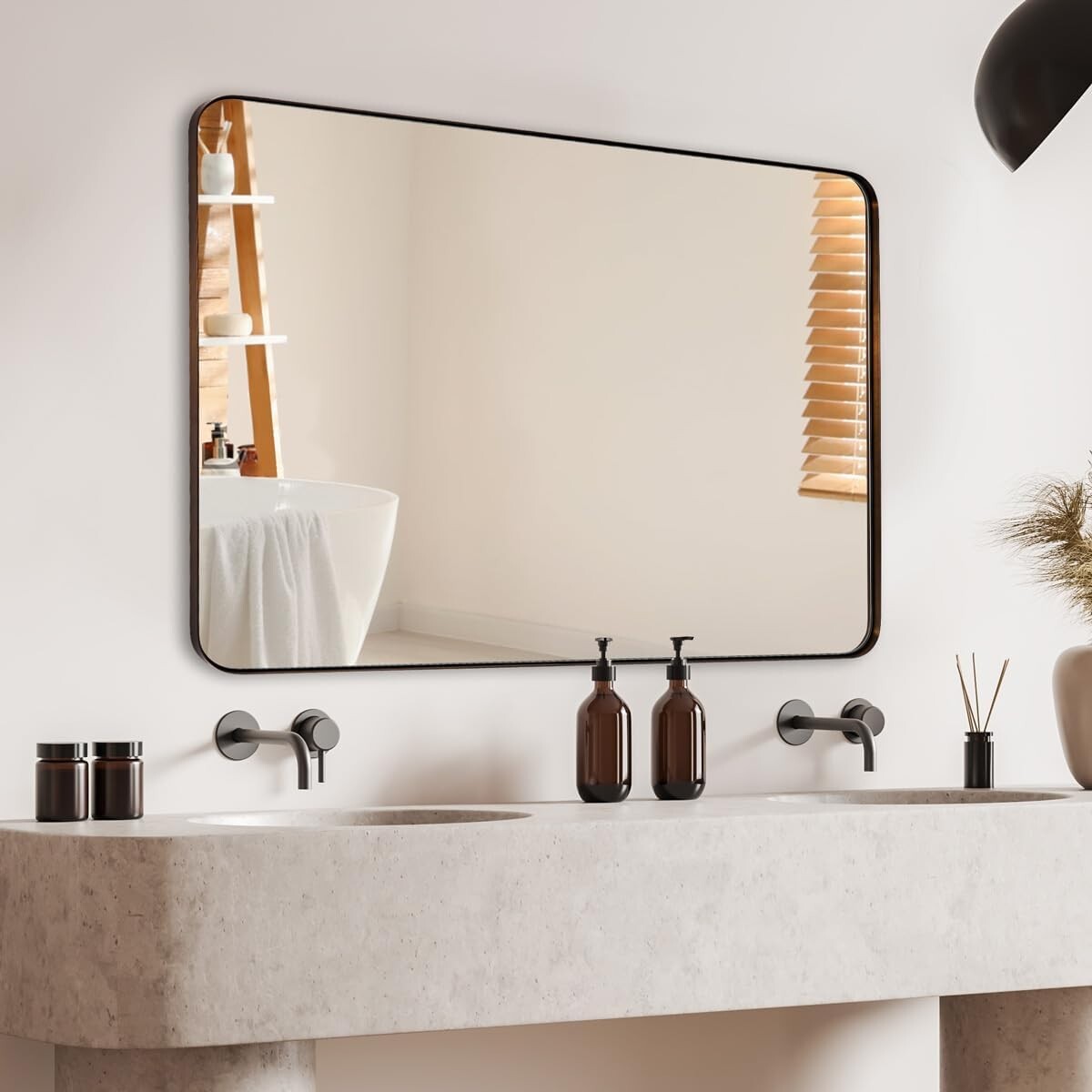 Brushed Bronze Bathroom Mirror, 24"x36" Rounded Rectangle, Stainless Steel Frame
