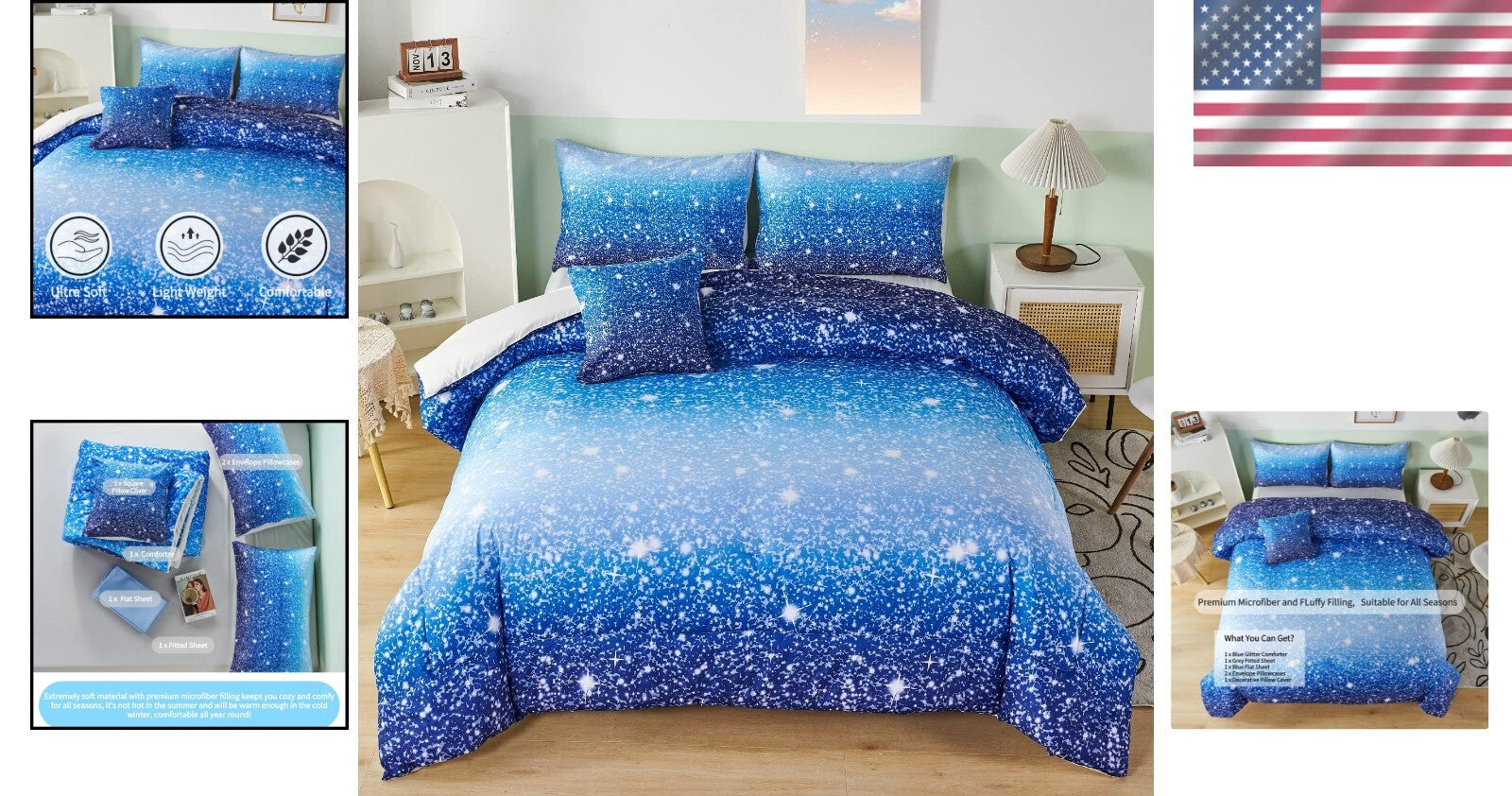 6Pcs Ombre Aqua Blue Glitter Comforter Set for Full Size Beds - Kids Design