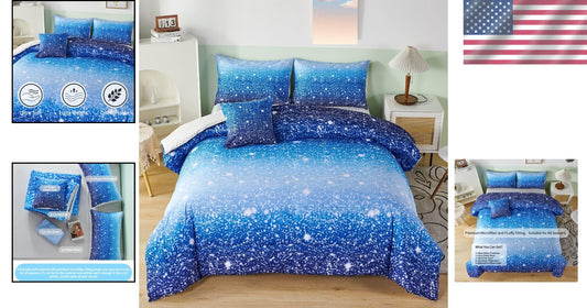 6Pcs Ombre Aqua Blue Glitter Comforter Set for Full Size Beds - Kids Design