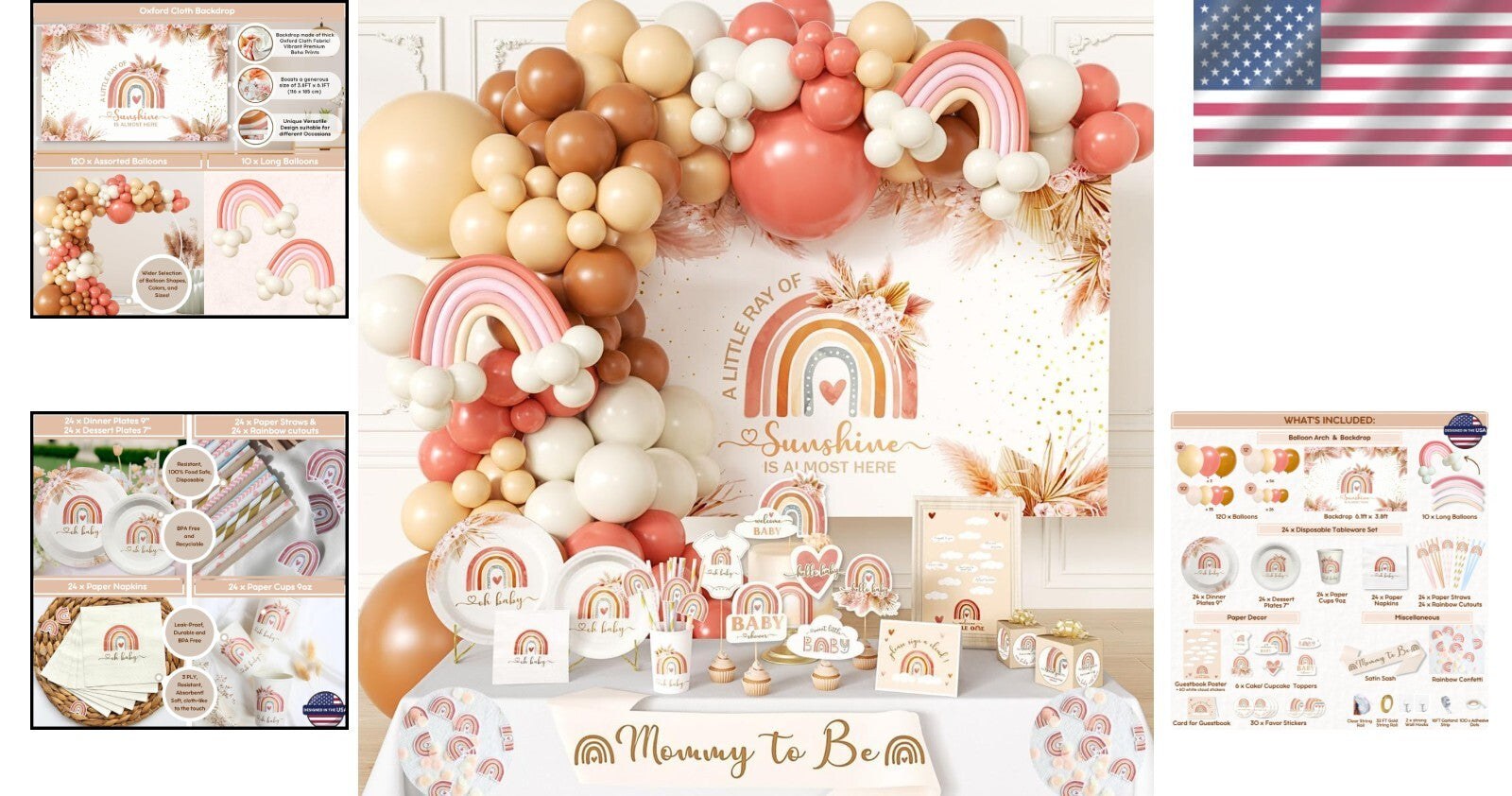 Elegant Boho Baby Shower Decorations - Complete Kit with Backdrop & Tableware