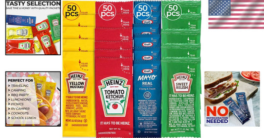 Essential Travel Condiments - 200 Single Serve Mayo, Ketchup, Mustard & Relish