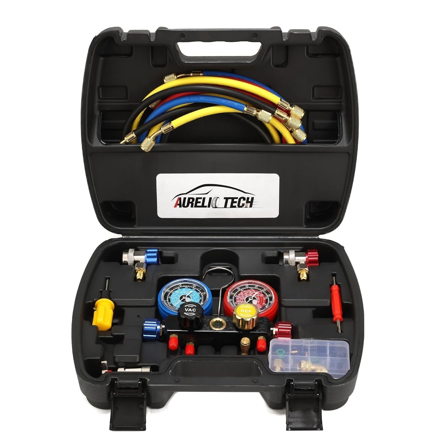 Multi-Refrigerant A/C Gauge Set with Brass Valves, 5FT Hose & 3 Tank Adapters