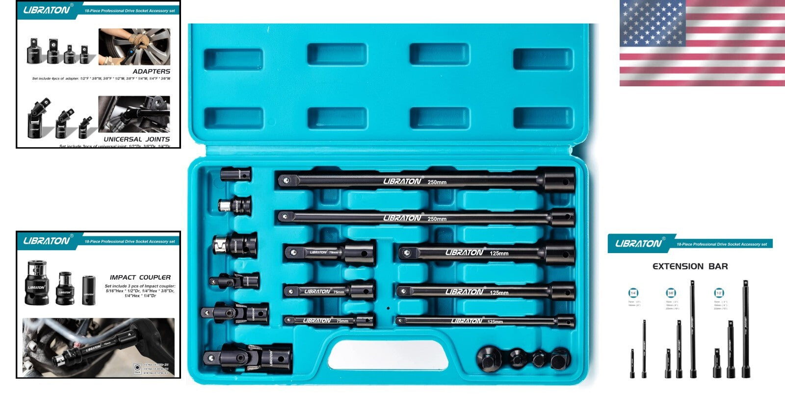 Chrome Vanadium 18-Piece Socket Extension & Swivel Set - Organized Storage
