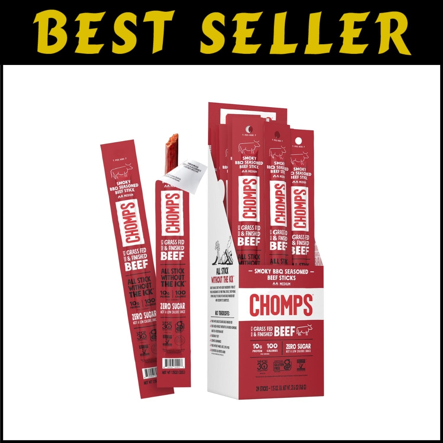 High-Protein Grass-Fed Beef Jerky Snack Sticks - Bold Smoky BBQ Flavor, 24-Pack