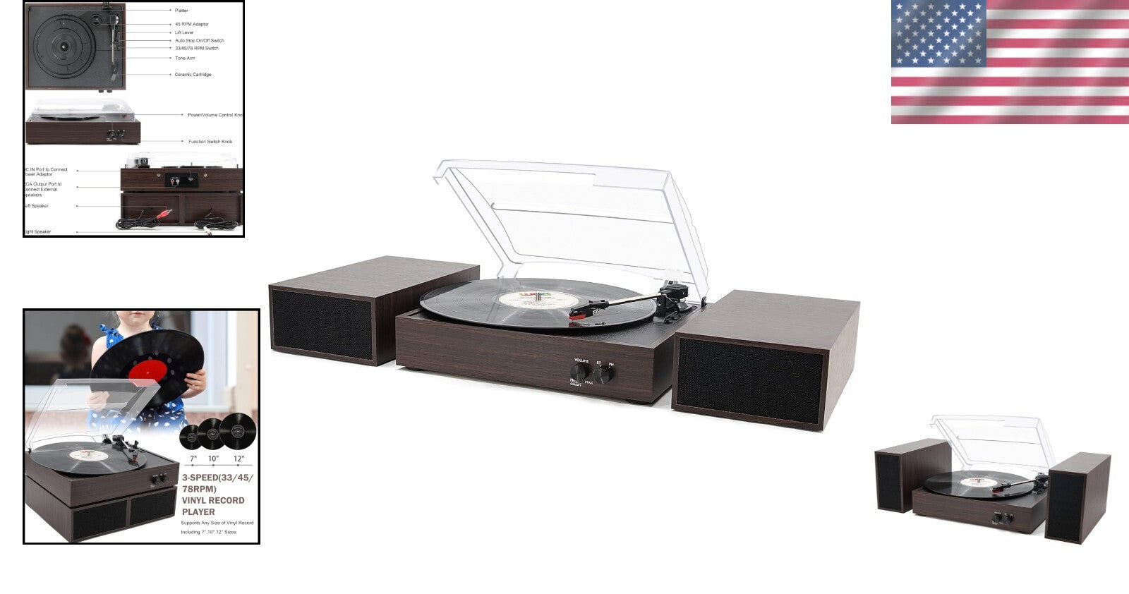 Elegant Wireless Vinyl Turntable with Auto-Stop & Stylish Speakers - Wood Finish