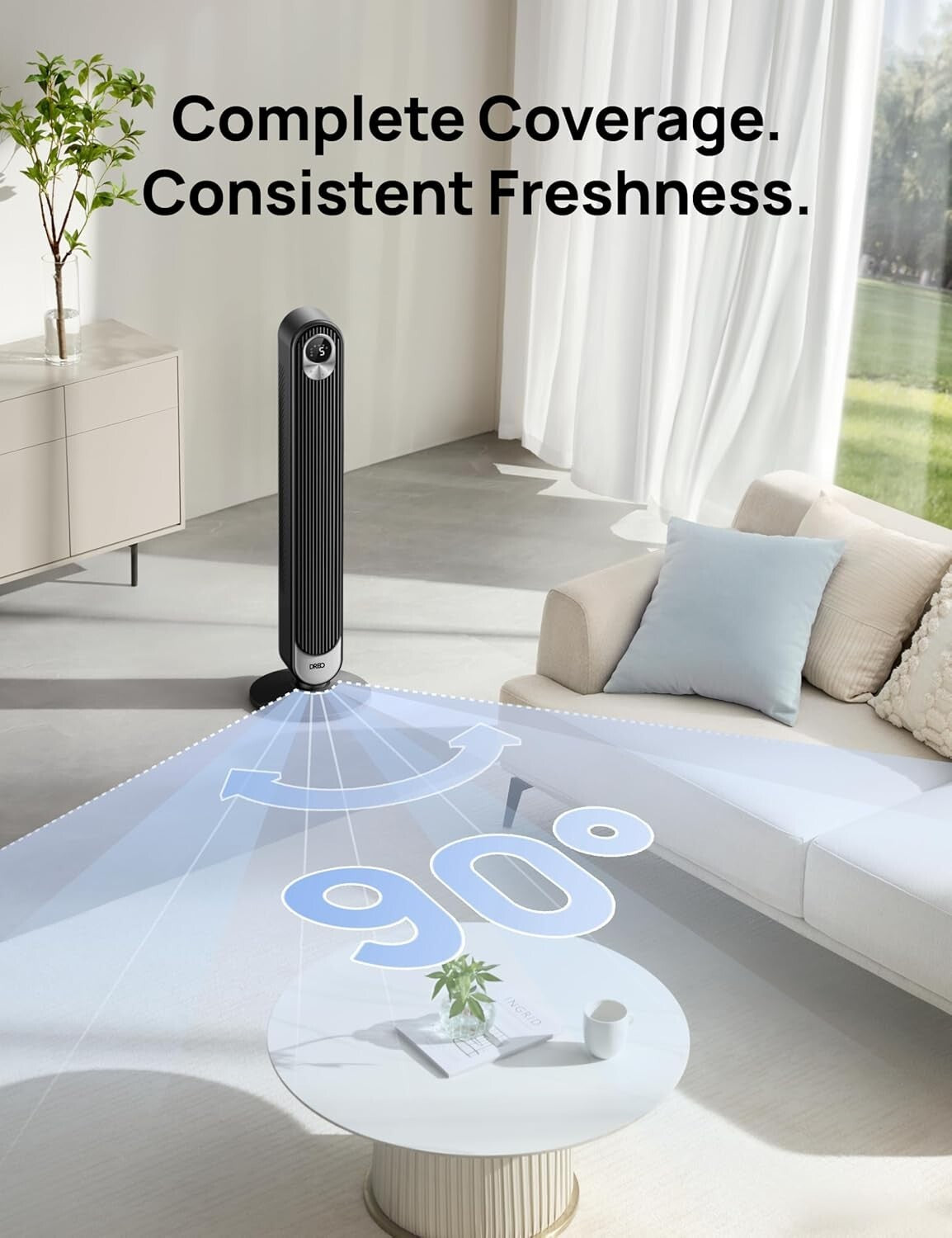 Elegant 42-Inch Tower Fan with 12H Timer & 90° Oscillation - Remote Included