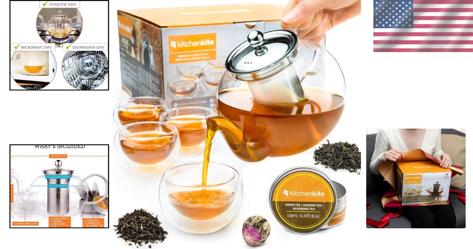 Elegant Glass Teapot Set with 4 Double Wall Teacups & Stainless Steel Infuser