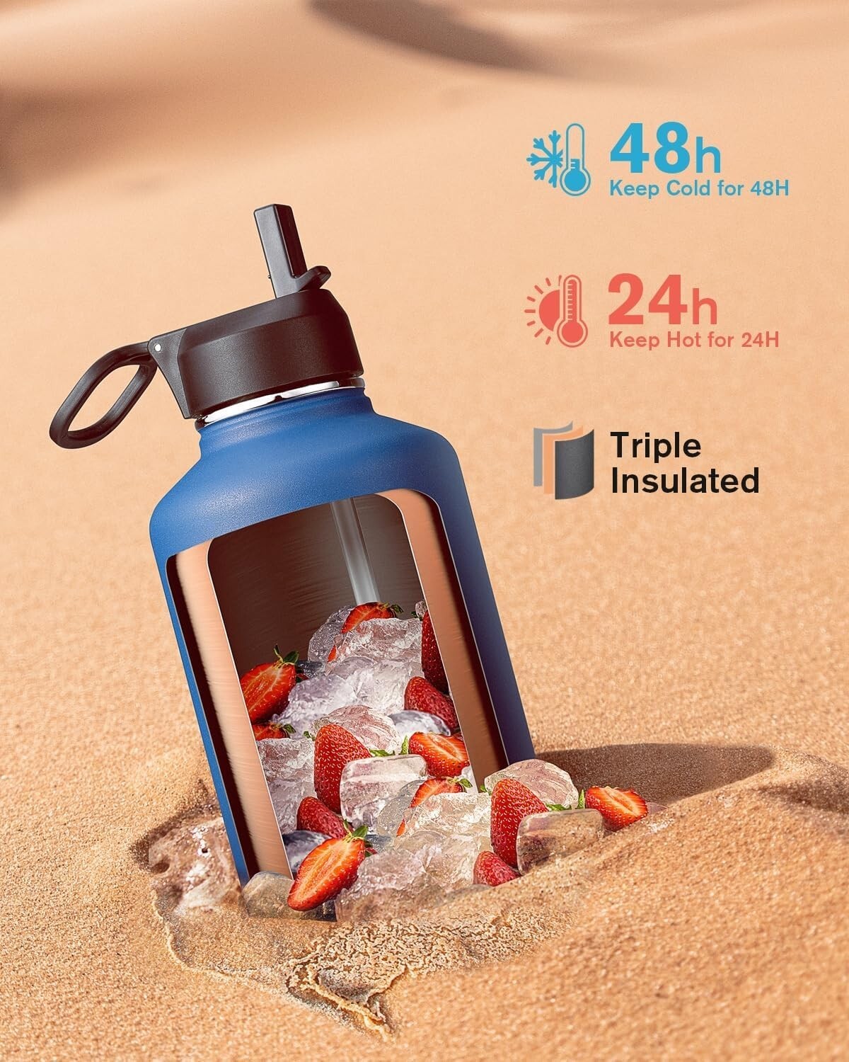 Durable 64 oz Insulated Water Bottle with Straw & Lids - Perfect for Outdoors