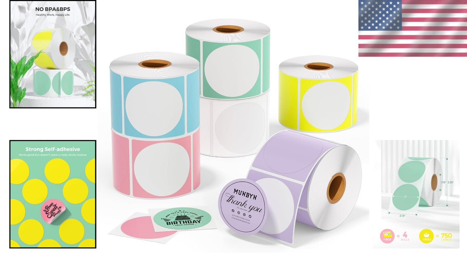 Multi-Purpose 2" Circle Color Thermal Sticker Labels - 4500 Self-Adhesive Rolls