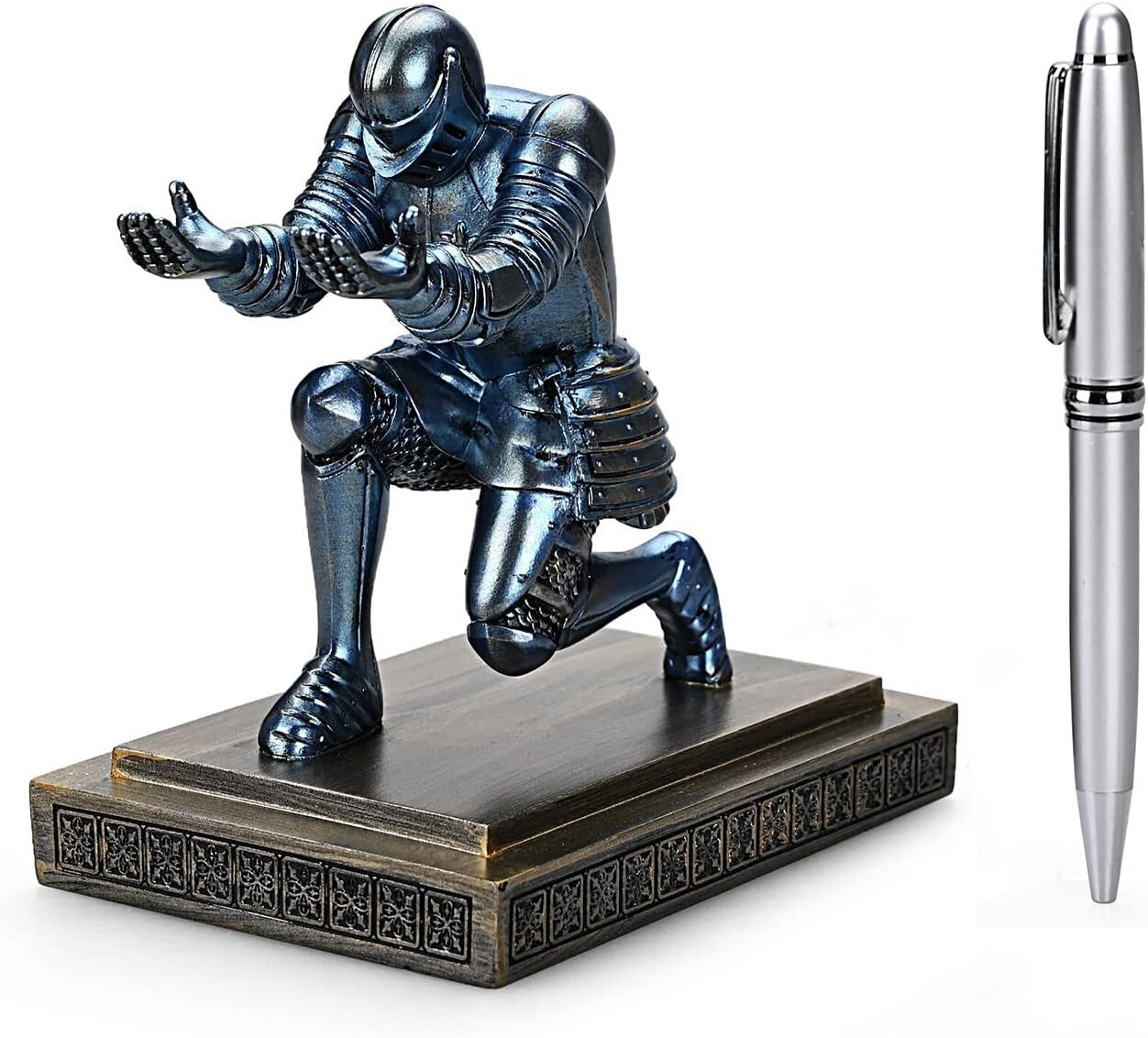 Creative Knight Desk Organizer with Blue Resin Holder and Fancy Pen Included