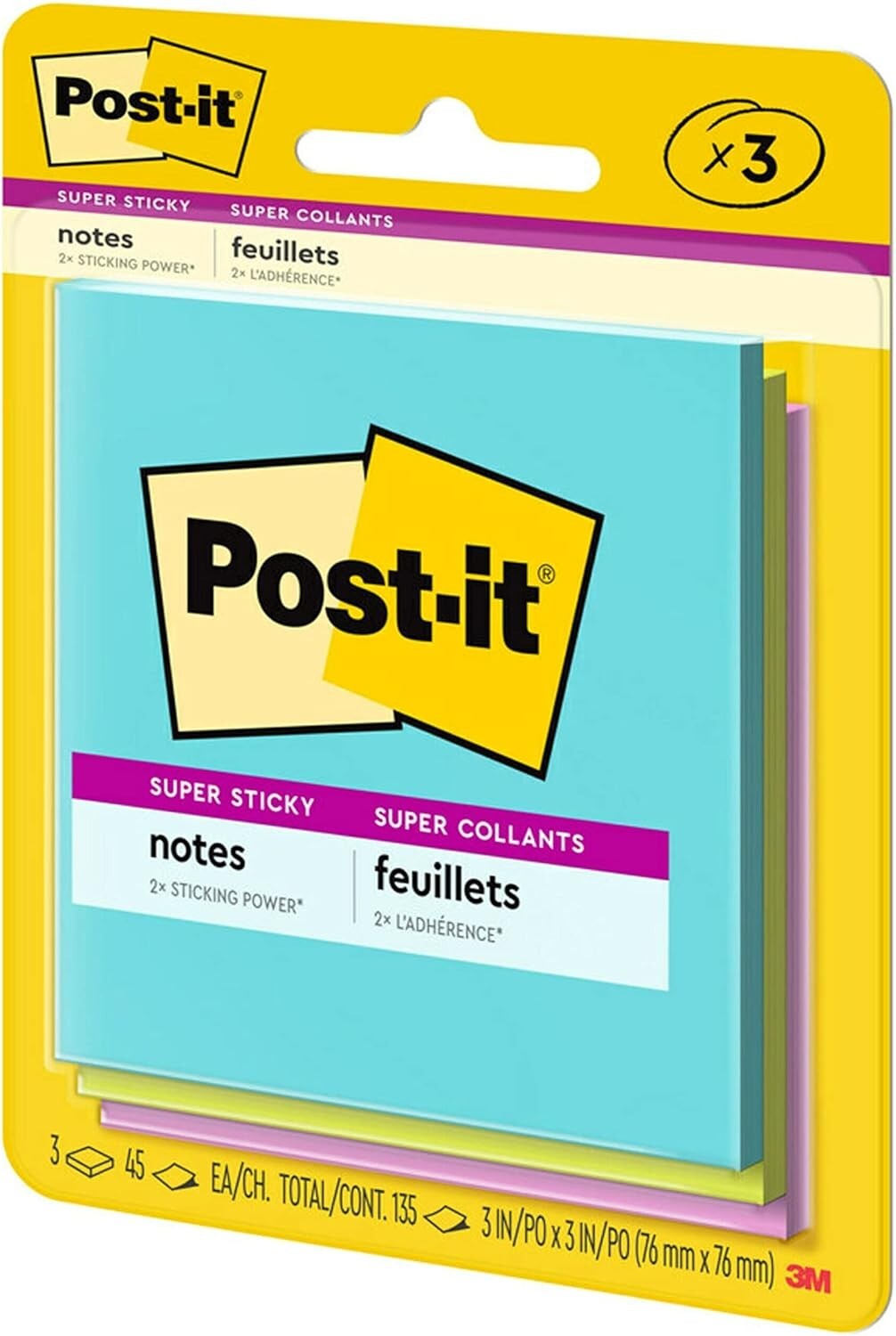 Super Sticky Notes - 3x3 in, 3 Pads, 2X Sticking Power, Neon Colors - Pack of 48