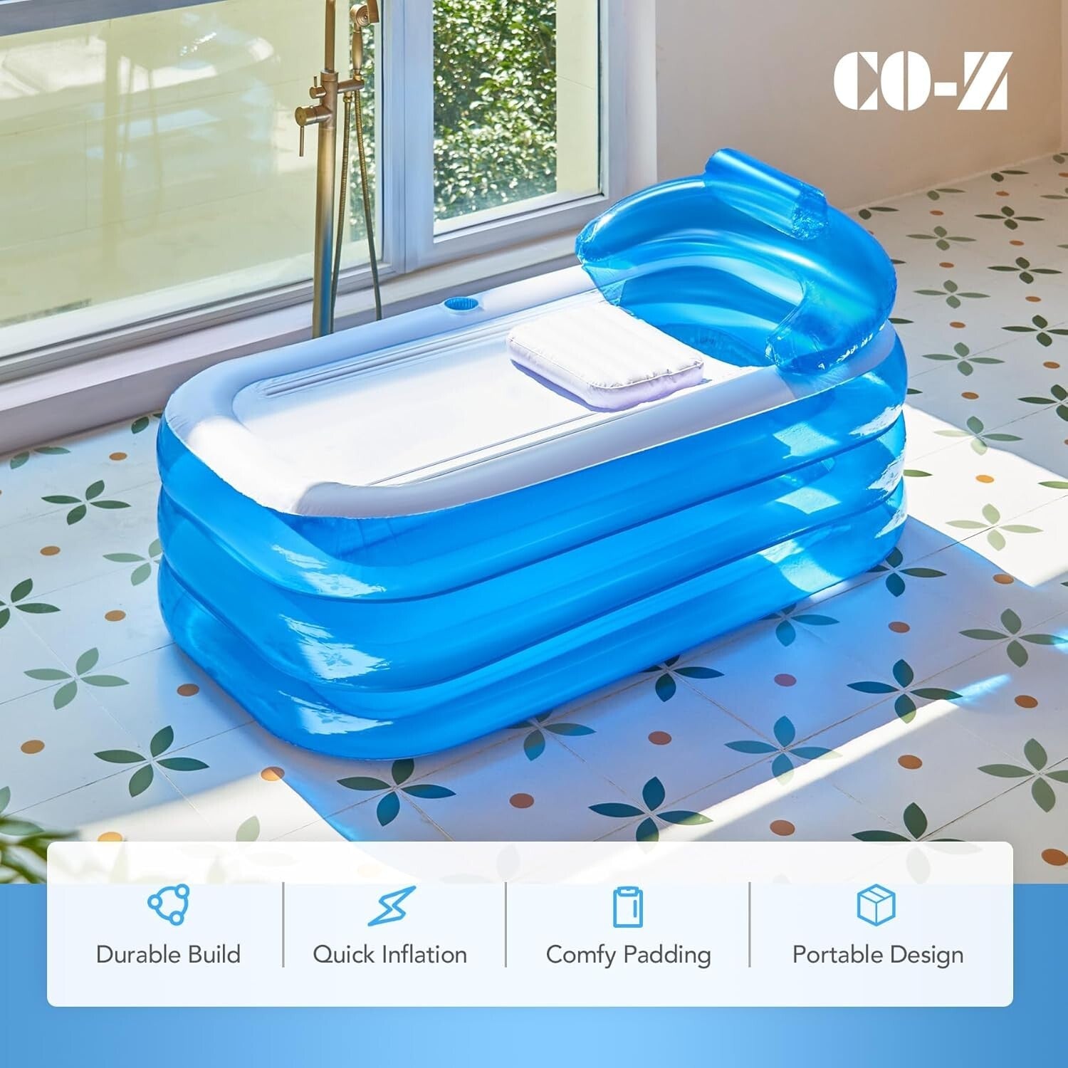 Durable PVC Inflatable Spa Tub with Headrest & Freestanding Design - Light Blue