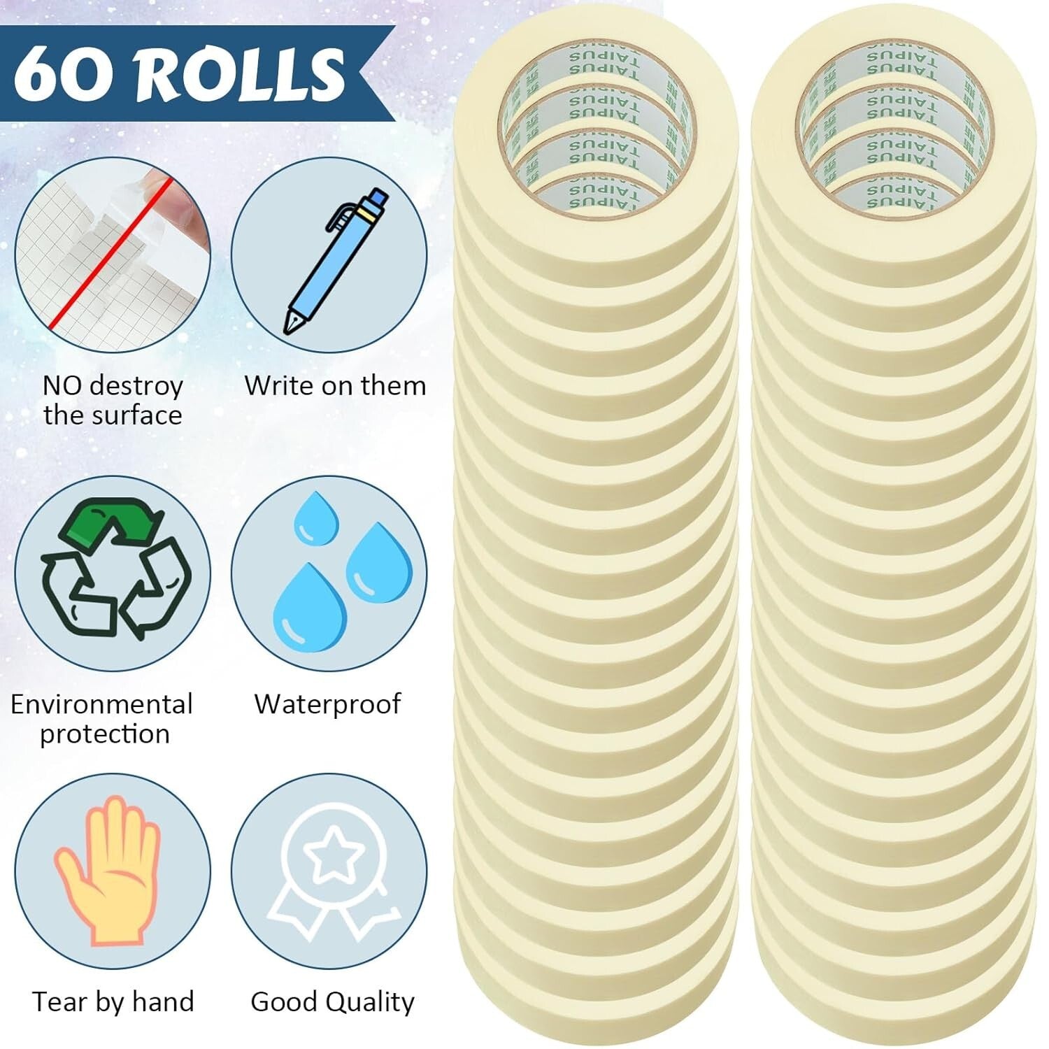 Bulk 60 Rolls Masking Tape - 1 Inch x 55 Yards for Arts & Crafts and Painting
