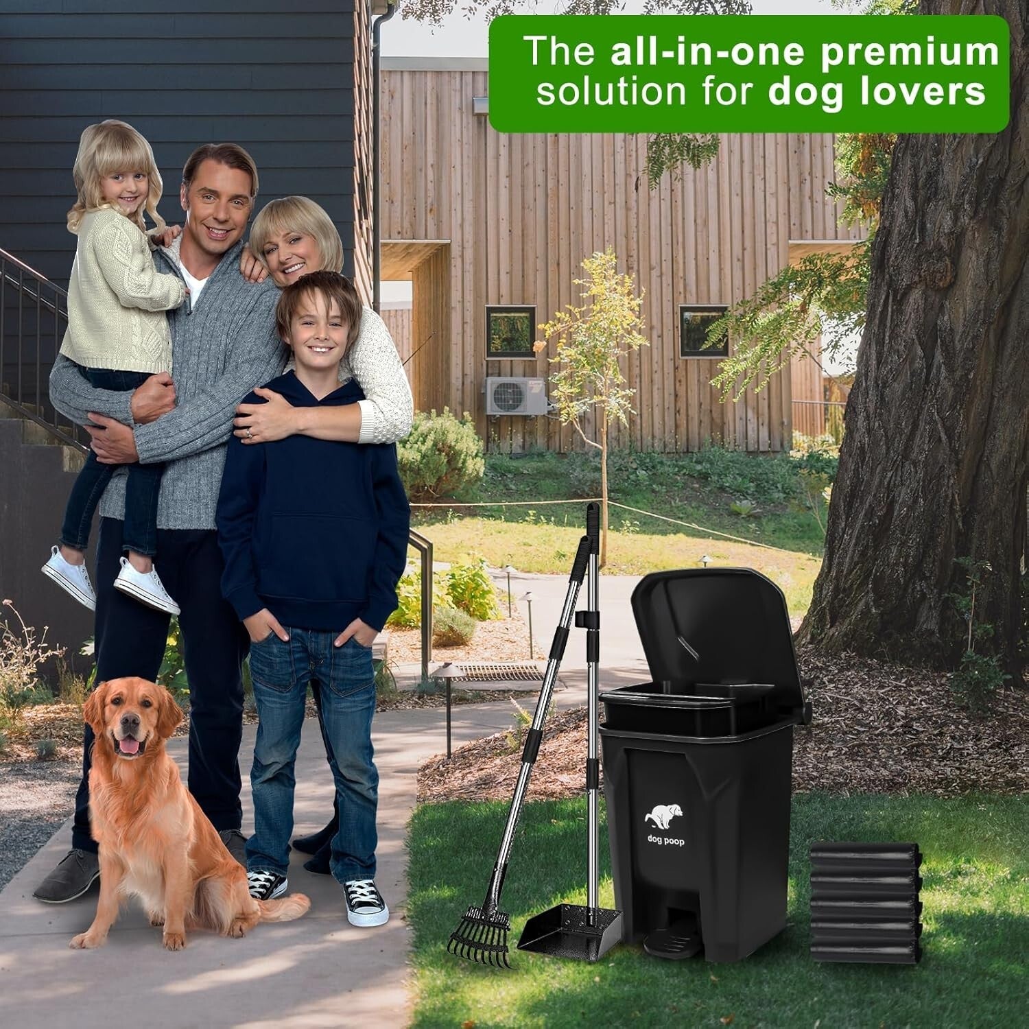Compact Outdoor Dog Waste Bin with Rake, Tray & 100 Garbage Bags Included