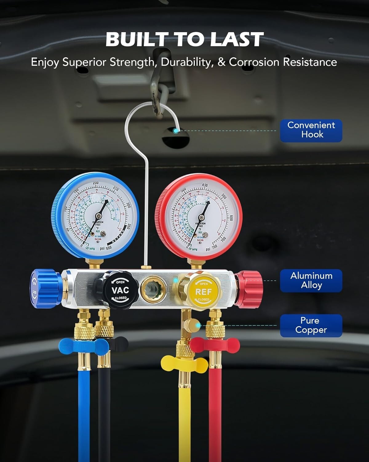 Automotive AC Diagnostic Tool Set with Color-Coded Hoses & Pressure Gauges