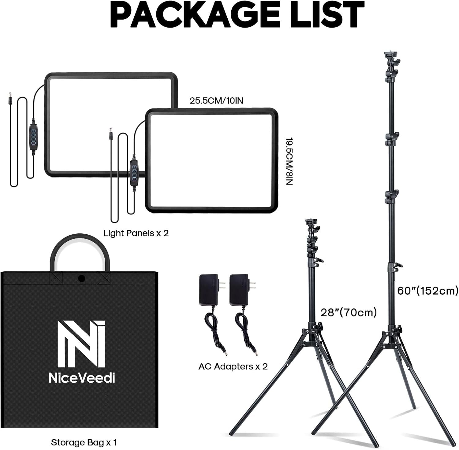 2-Pack Adjustable LED Photography Lighting Kit with Tripod Stands - 2900-7000K