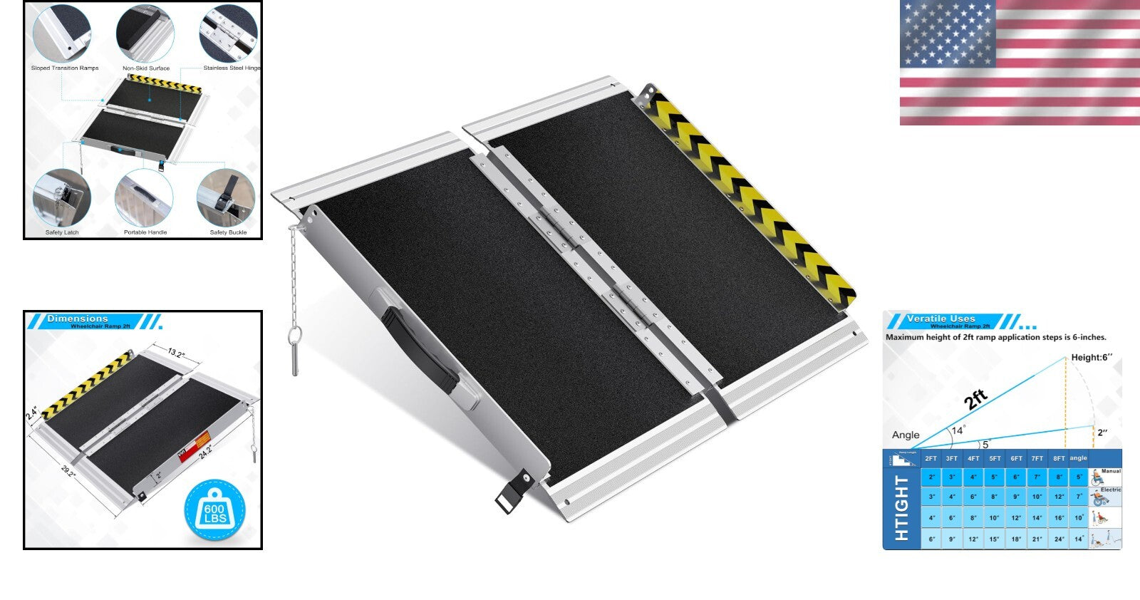 Portable 2FT Aluminum Wheelchair Ramp with Non-Slip Surface - 600 lb Capacity