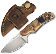 Load image into Gallery viewer, Compact 440C Fixed Blade Knife - Leather Sheath with Buckle, Unique Ram Horn