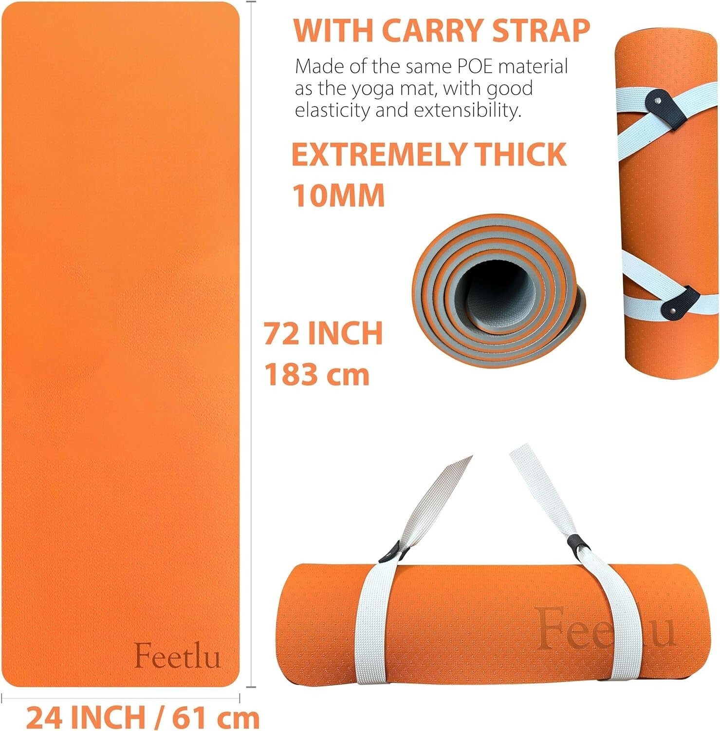Extra Thick 10mm Non-Slip Yoga Mat with Strap - Ideal for Pilates & Workouts